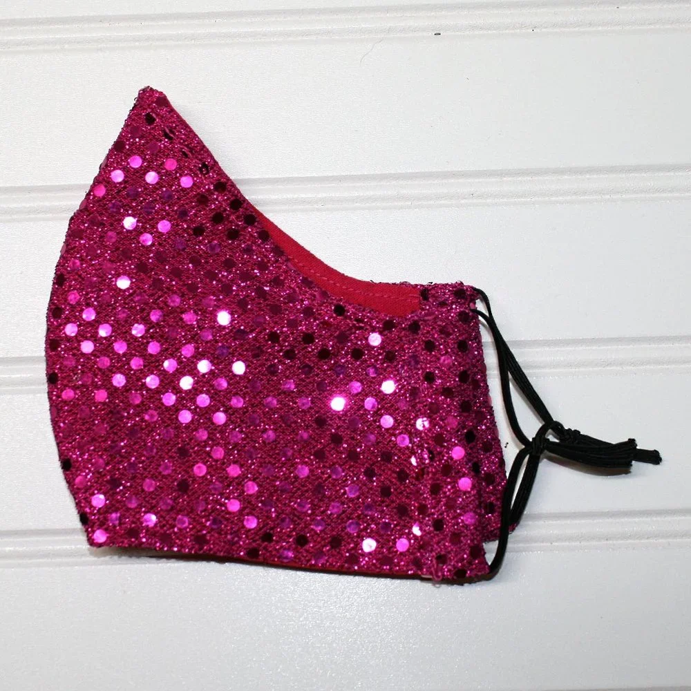 HAND CRAFTED Face Mask Hot Pink Confetti Dot Sequin - Adult - Shield Style